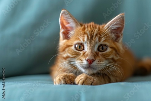 Cute ginger kitten lying on blue sofa and looking at camera