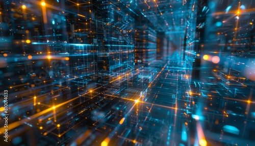 Complex holographic wireframe of a quantum computer emitting vibrant colors, streaming intricate data and algorithmic patterns.