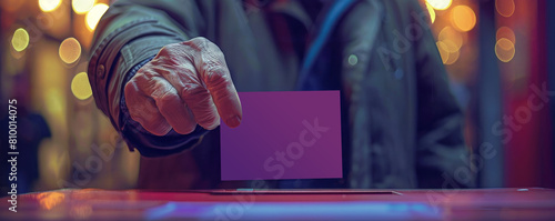 Close up on hands of anonymous voter casting vote and putting ballots into a sealed box. American people visiting a polling station on Elections Day