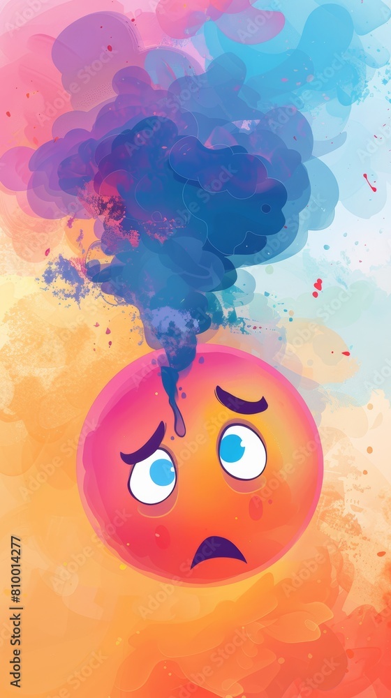 Fototapeta premium Colorful smoke bomb explosion over sad emoji illustration