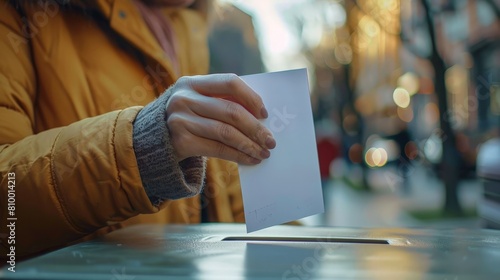 Close-up of a man hand casting a ballot into a simple cardboard voting box. Political choice, election day and voting concept. 