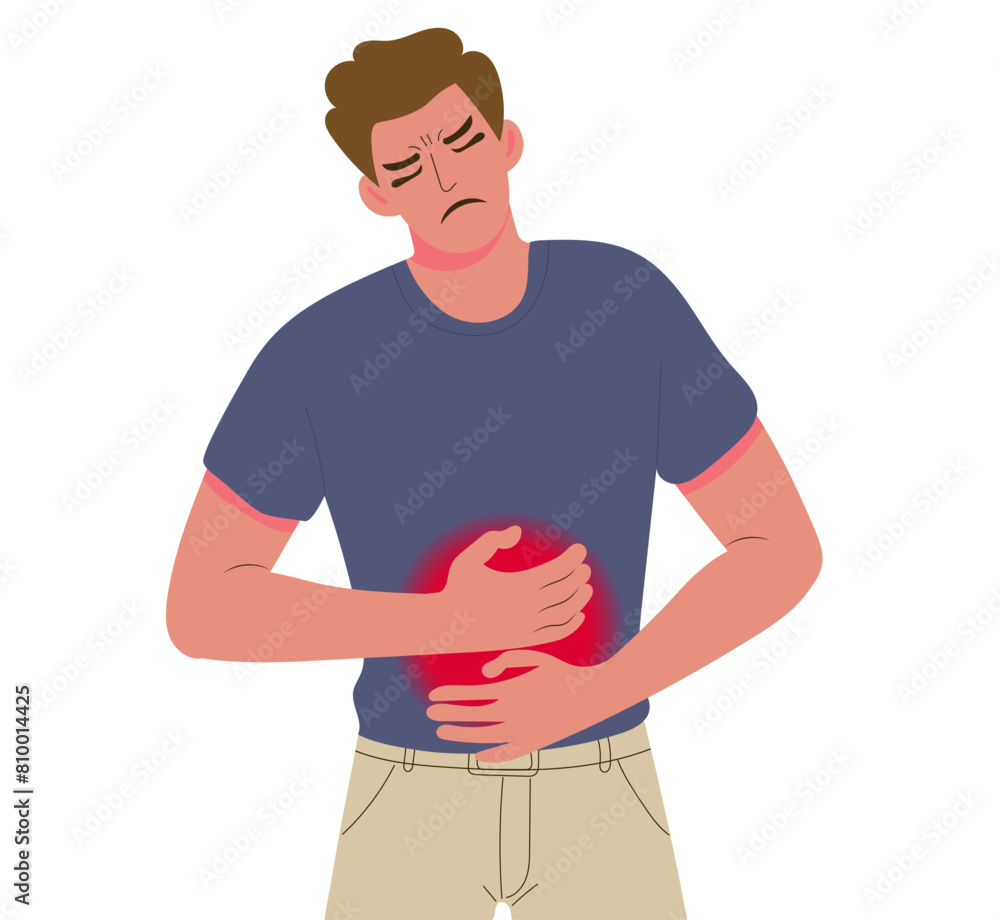 Man holds his stomach with both hands, healthcare. Problems with intestines or digestion. Unhealthy diet and junk food, poisoning. Abdomen pain concept. Flat vector illustration Man holds his stomach with both hands, healthcare. Problems with intestines or digestion. Unhealthy diet and junk food, poisoning. Abdomen pain concept. Flat vector illustration