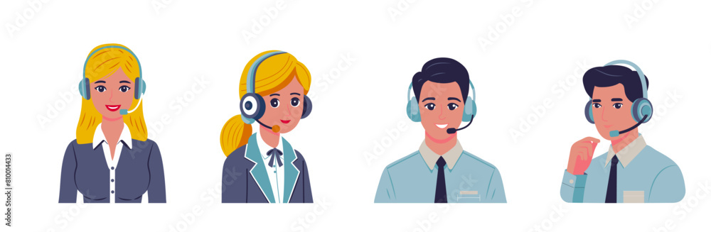 Technical support template concept flat design icon. Hotline. Online Chat, Woman and man with headphones. Vector Technical support template concept flat design icon. Hotline. Online Chat, Woman and man with headphones. Vector