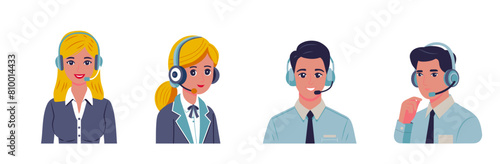 Technical support template concept flat design icon. Hotline. Online Chat, Woman and man with headphones. Vector