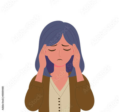 Woman having headache, migraine. Girl holding hands on head because of pain. Flat vector illustration.