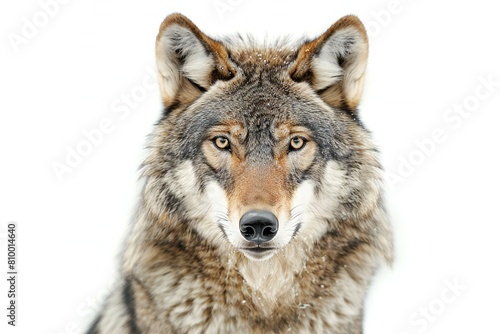 Close-up portrait of a wolf isolated on white background with copy space
