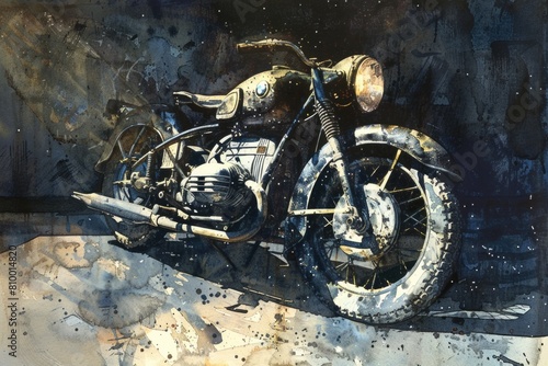A painting of a motorcycle parked in front of a wall. Suitable for automotive and transportation concepts