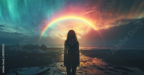 silhouette of a woman and a rainbow in the background
