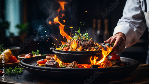 Close-up Professional chef hands cook food with fire in kitchen at restaurant.

