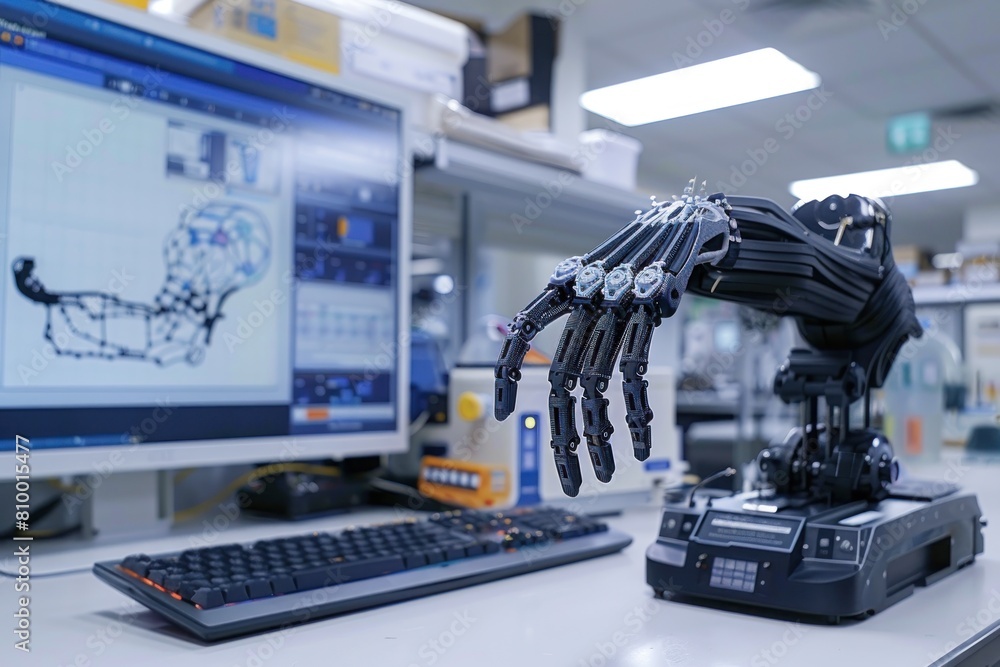 Fototapeta premium A computer monitor displays a 3D model of a robotic hand