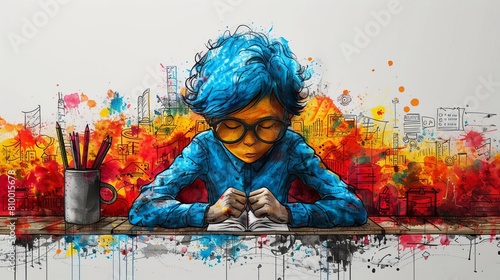 A young boy sits at a desk, reading a book