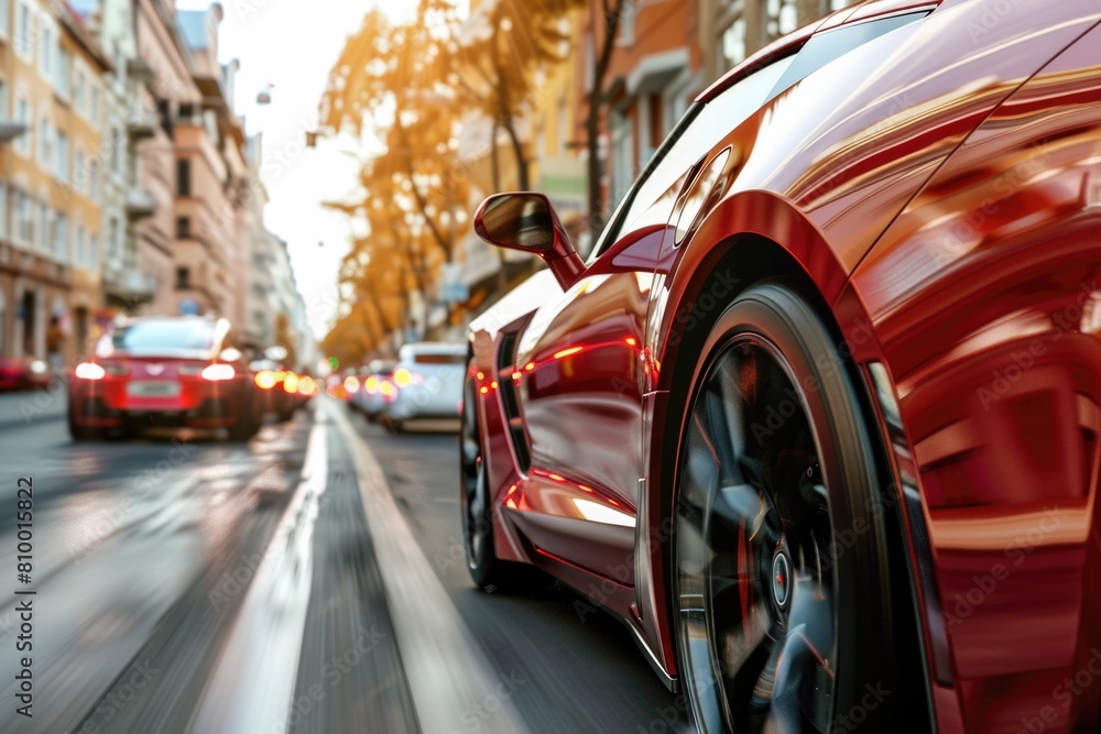 A red sports car speeding down a city street, perfect for automotive and urban themes A red sports car speeding down a city street, perfect for automotive and urban themes
