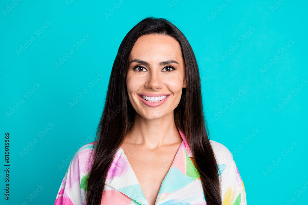 Fototapeta premium Portrait of pretty young woman beaming smile good mood wear shirt isolated on turquoise color background