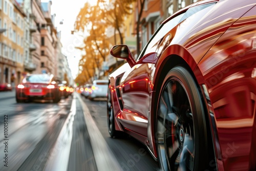 A red sports car speeding down a city street, perfect for automotive and urban themes