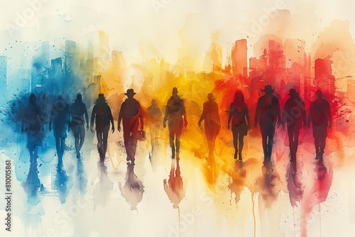 Generate a watercolor painting of a crowd of people walking in a city. The colors should be vibrant and the people should be faceless. The painting should have a dreamlike quality.