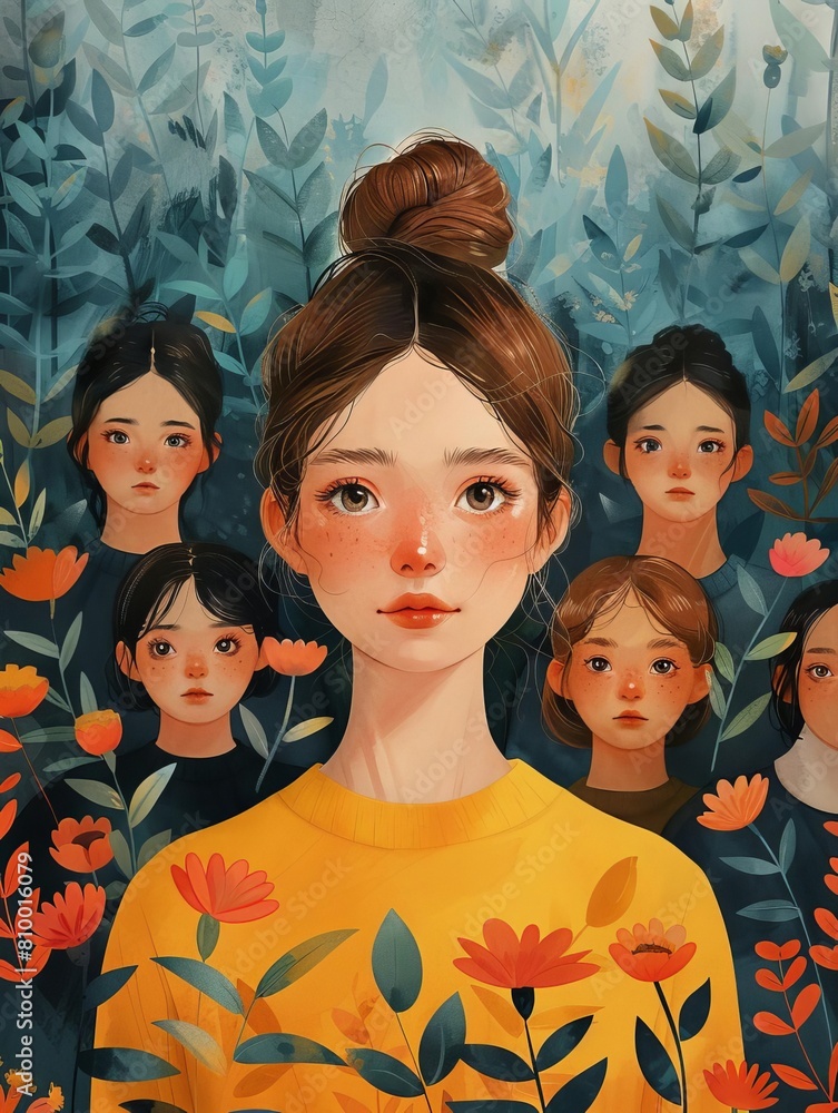 A beautiful girl with brown hair and brown eyes is standing in a field of flowers A beautiful girl with brown hair and brown eyes is standing in a field of flowers