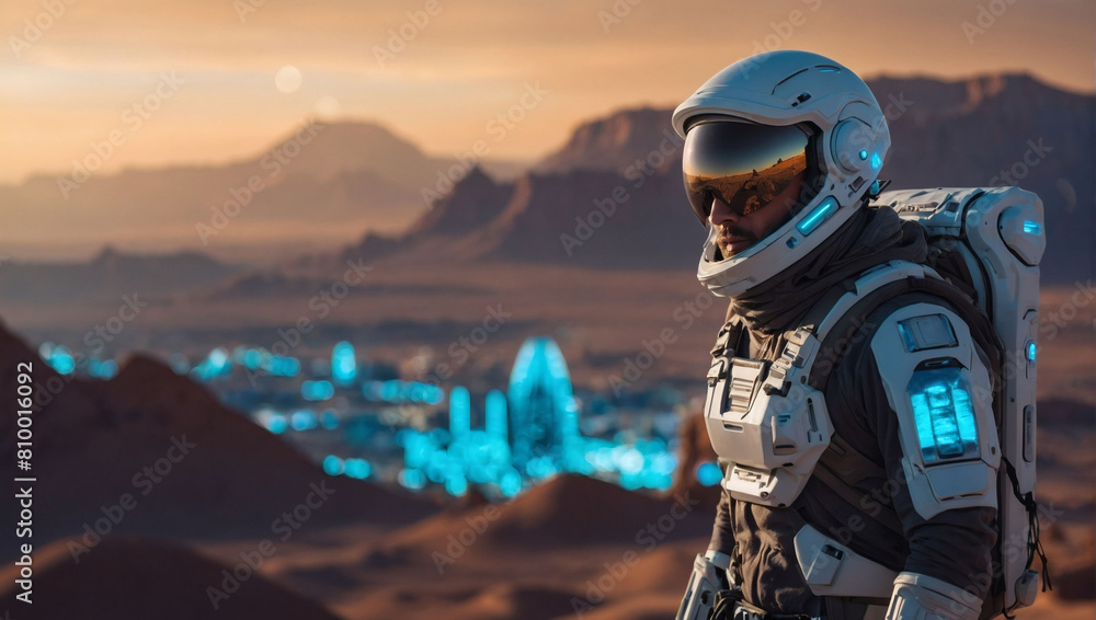 Explorer of New Realms, Researcher Amidst Futuristic Alien Landscape with Desert City, Interplanetary Concept