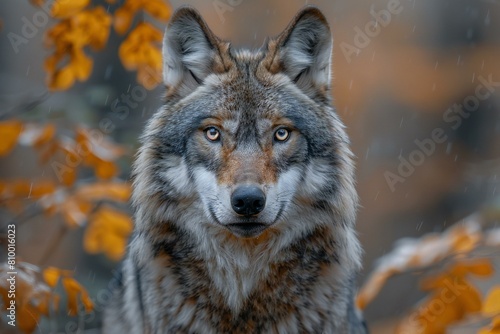 Portrait of a wolf in the autumn forest, Close-up