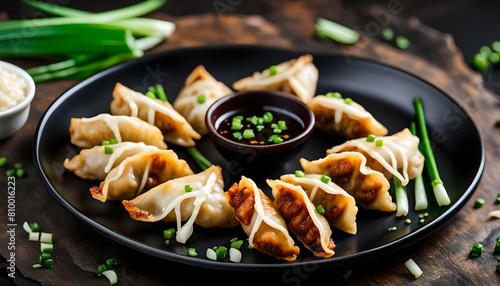Fried potstickers with green onions on black plate 