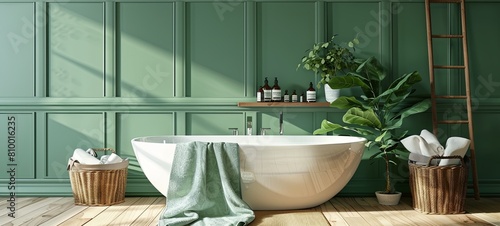 Stylish bathroom design with green painted panels on the wall. Bath  towels  rattan baskets and other personal accessories. 