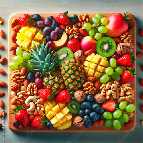 Fresh healthy fruits balanced diet, kiwi, pineapple, apple, strawberries, fruits on wooden board, Mediterranean diet