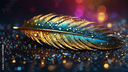  a gilded feather adorned with tiny dewdrops photo