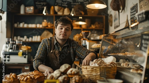 Down syndrome man working in a cafe while carrying fresh pastries. Concept of integration people with a disabilities into society.