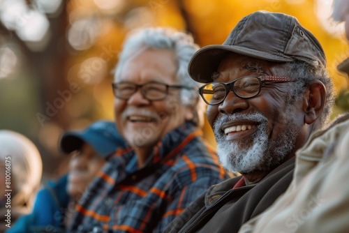 A group of older people are smiling and laughing together