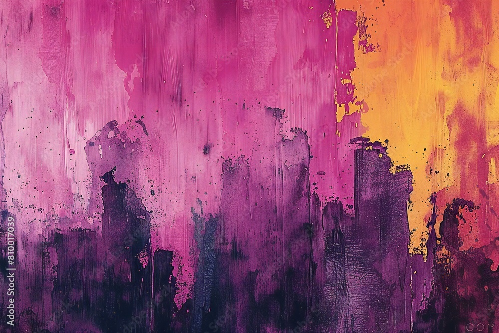 Abstract background painting with purple, yellow and orange colors on canvas