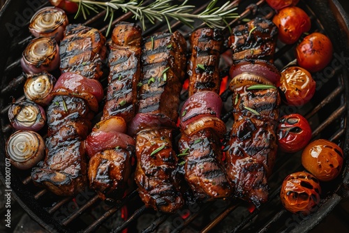 Skewers with meat and vegetables charred on barbeque grill, vibrant colors