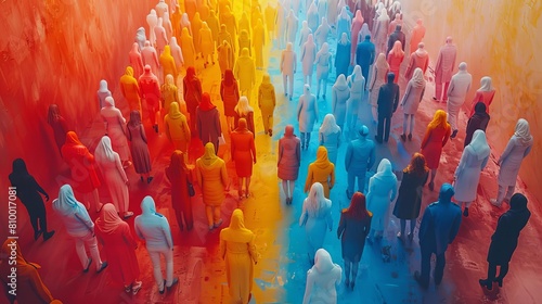A large crowd of people  each person a different color  walking down a colorful path.