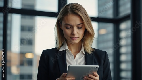 Attractive young businesswoman using a digital tablet while standing in front of windows in office
