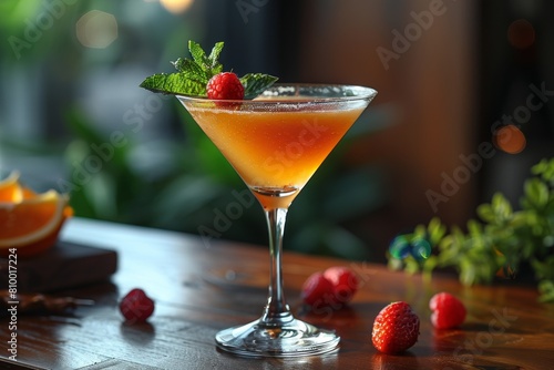 A gourmet cocktail garnished with mint and raspberry, served in a stylish bar with a classy ambiance