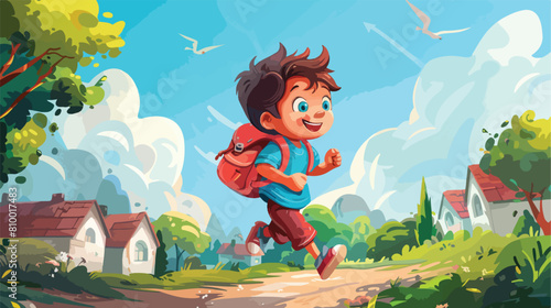 Kid Boy with backpack running to school Vector style