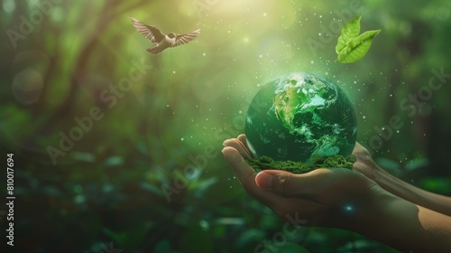 Fantasy green globe earth in hand with flying bird on nature blur background. Generated AI