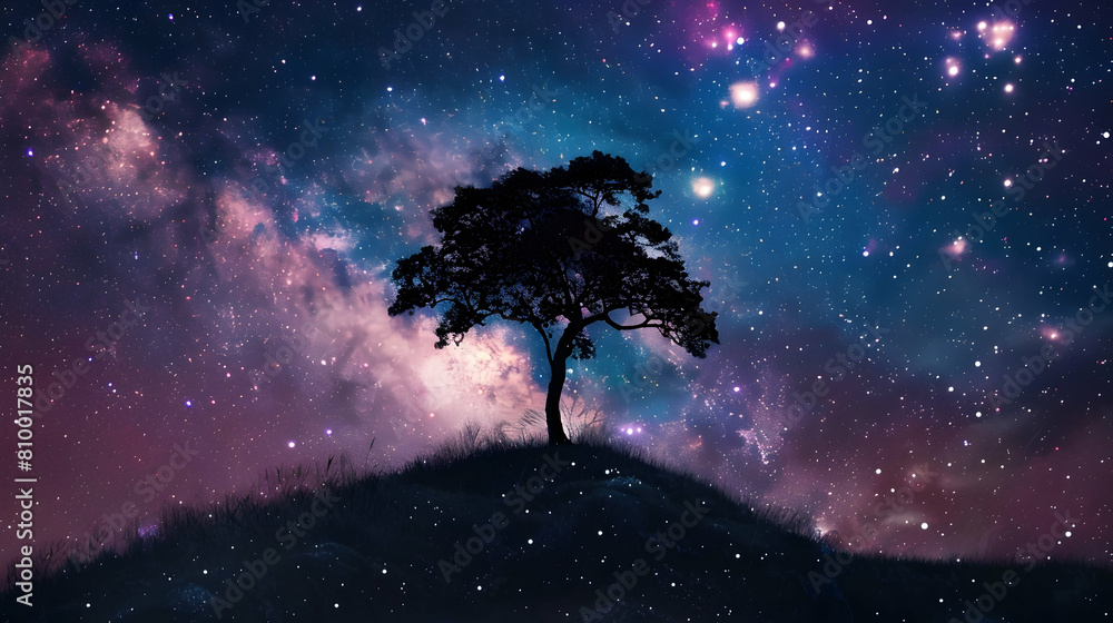A knoll at night under a star-filled sky, the silhouette of a single tree standing against the cosmos A knoll at night under a star-filled sky, the silhouette of a single tree standing against the cosmos
