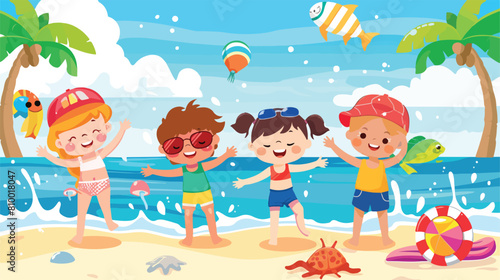 Kid Children Playing At Beach Vector style vector design