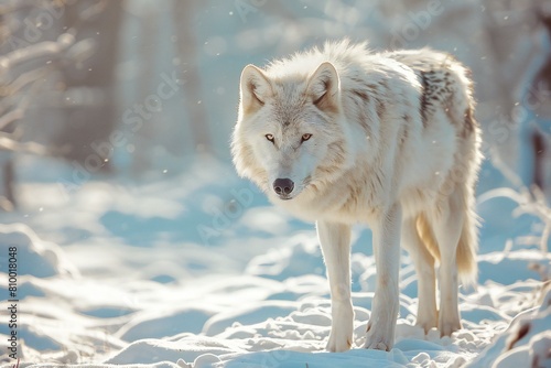 White wolf in the winter forest   Portrait of a wild animal