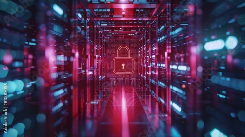 Futuristic motherboard computer with digital padlock security background. Generated AI image