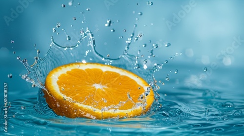 Fresh orange splash on blue water background