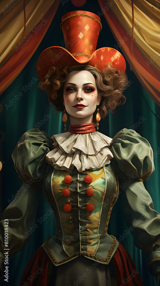 Obraz premium Vintage illustrated female clown, vintage female clown, illustrated woman clown