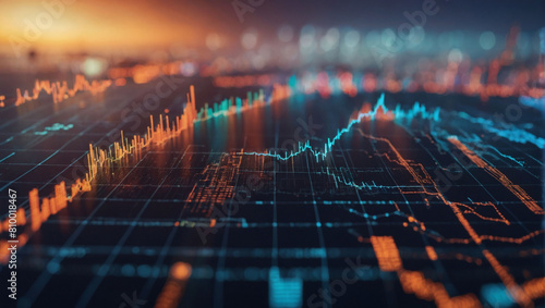 Financial horizon, Panoramic backdrop with digital financial graphs.