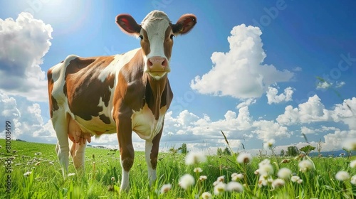 cow in a beautiful meadow with the sun in the background in spring in high resolution and high quality. concept animals, landscape, nature, field