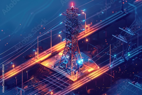 Aerial view of a radio tower at night, suitable for technology concepts