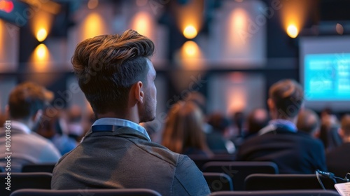 Rear view of a person at a conference hall focused on a speakers presentation.