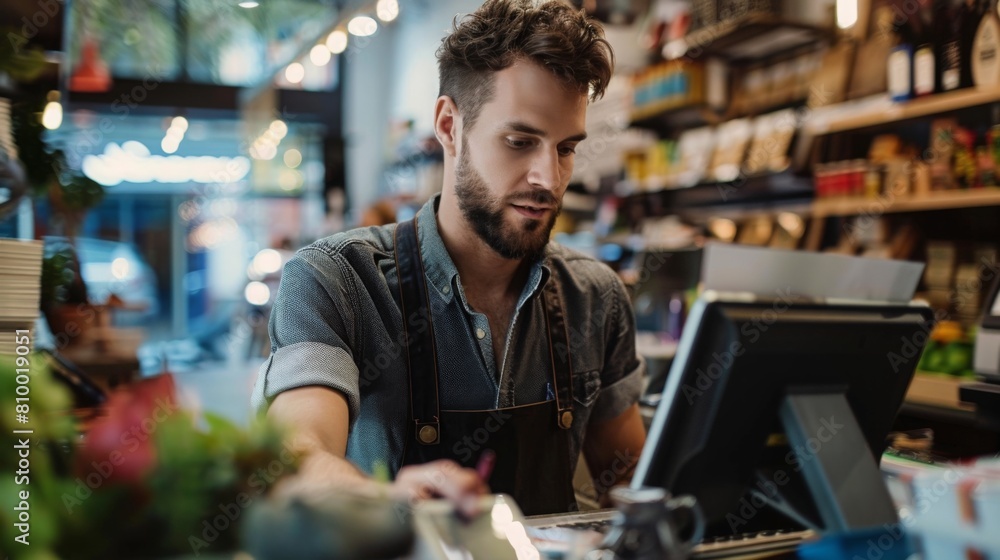 A focused young man rings up purchases at a boutiques cash register. A focused young man rings up purchases at a boutiques cash register.