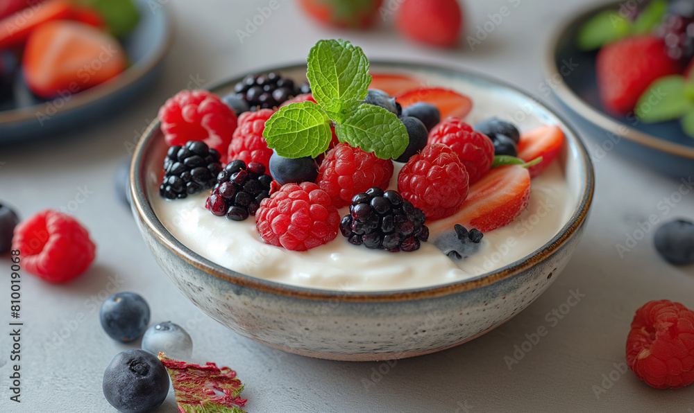 Yogurt with fresh raspberries and blueberries. Greek Yogurt with wild organic berries. Farm healthy homemade yogurt on texture table. Diet food. Healthy breakfast. Place for text. Yogurt with fresh raspberries and blueberries. Greek Yogurt with wild organic berries. Farm healthy homemade yogurt on texture table. Diet food. Healthy breakfast. Place for text.