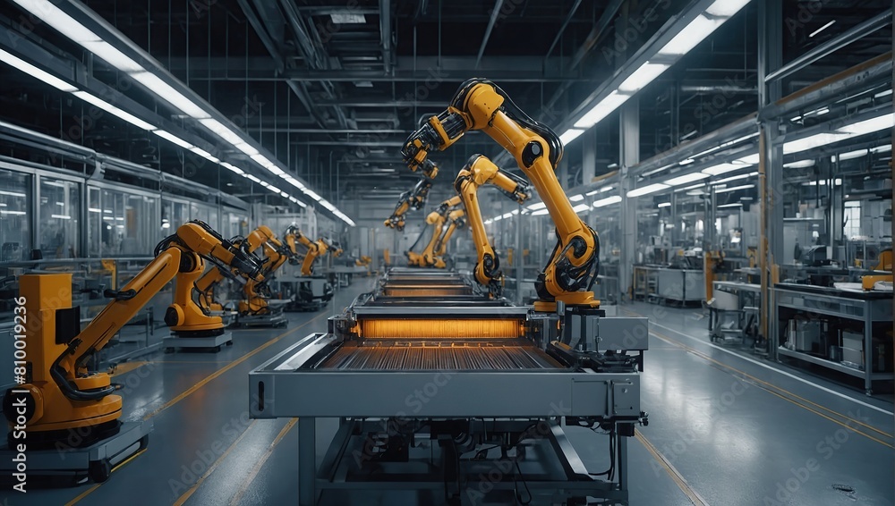 Robotic Arm Conveyor Line Manufacturing Industrial Electronic Devices, Advanced Automated AI Assembly Line Producing High-Tech Products for the Information Technology Industry 