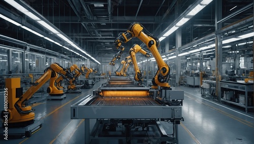 Robotic Arm Conveyor Line Manufacturing Industrial Electronic Devices  Advanced Automated AI Assembly Line Producing High-Tech Products for the Information Technology Industry 