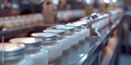 A lot of white jars moving on a conveyer belt, very efficient mass production and manufacturing industry and factory in the cosmetics and skin care field.